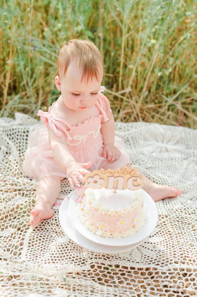 Baby's first birthday milestone session. Photographs of baby eating their smash cake