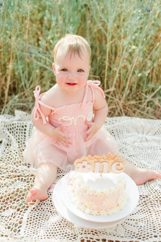 Baby's first birthday milestone session. Photographs of baby eating their smash cake